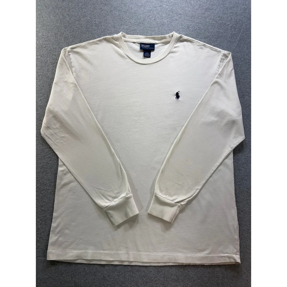 Polo Ralph Lauren Mens Long Sleeve T-Shirt Cream‎ Off-White Pony Logo Size M